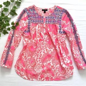 J. Crew 100% cotton pink flower garden peasant blouse w/ blue embroidery